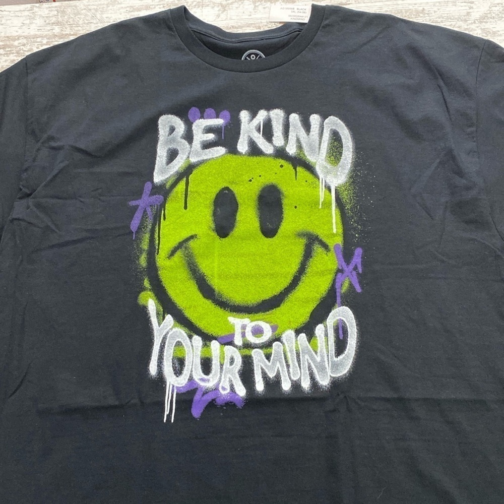 Be Kind To Your Mind Smiley Face Graffiti Graphic Tee Black 3XL
